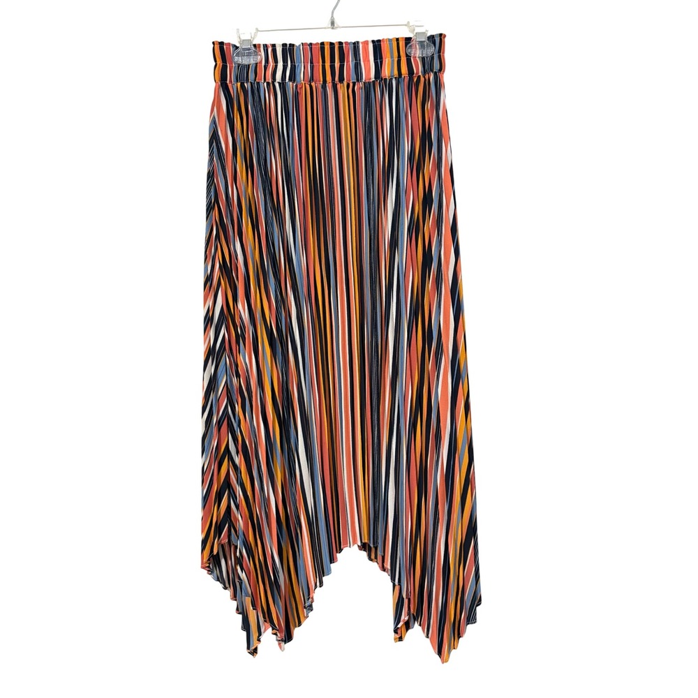 Nine West Striped Pleated Sharkbite Hem Midi Skirt Orange Blue Black Mediium